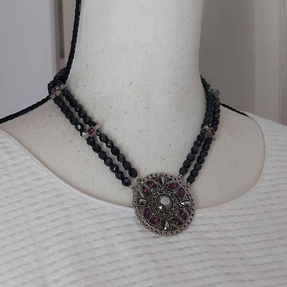 SOLD Vintage Faceted Glass Crystals Necklace with Round Rhinestone Paved Pendant - Picture 2 of 8